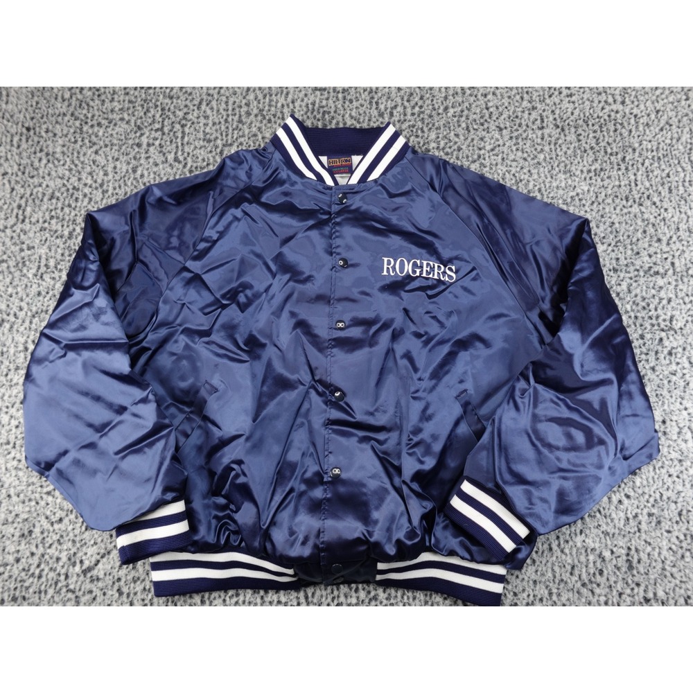 Hilton Bomber Jacket Mens XXL Navy Blue‎ Good Vintage Rogers Varsity Satin USA
